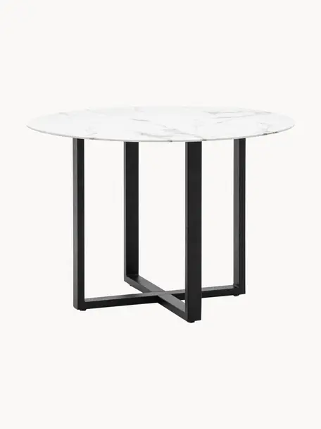 Ronde eettafel Connolly met glazen tafelblad in marmerlook,  Ø 110 cm, Tafelblad: glas, Poten: gecoat metaal, Marmerlook wit, zwart, Ø 110 cm