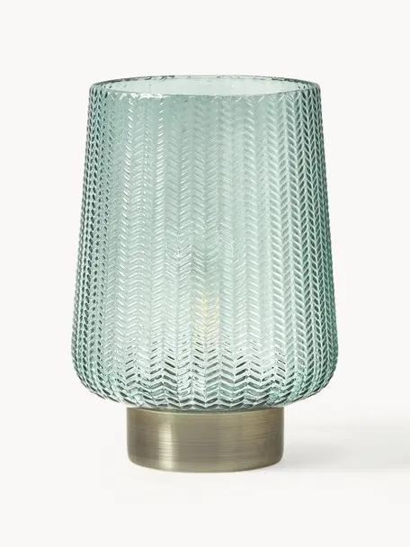 Lámpara de mesa pequeña LED Pretty Glamour, con temporizador y portátil, Vidrio, metal, Verde menta, dorado, Ø 19 x Al 26 cm