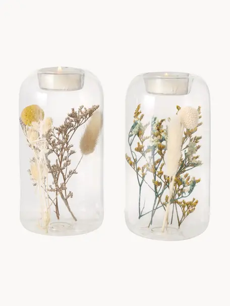 Set de portavelas con flores secas Eleonora, 2 uds., Vidrio, flores secas, Transparente, multicolor, Ø 8 x Al 16 cm