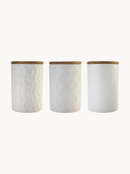 Boîtes de rangement avec motif structuré Geometry, 3 élém., Blanc, bois foncé, Ø 10 x haut. 15 cm