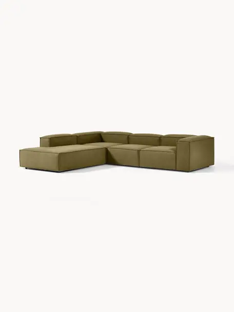 Modulares XL-Ecksofa Lennon, Bezug: 100 % Polyester Der strap, Gestell: Massives Kiefernholz FSC-, Webstoff Olivgrün, B 329 x T 269 cm, Eckteil links