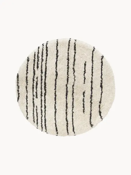 Rond pluizig hoogpolig vloerkleed Dunya, handgetuft, Bovenzijde: 100% polyester, Onderzijde: 100% katoen, Beige, zwart, Ø 140 cm