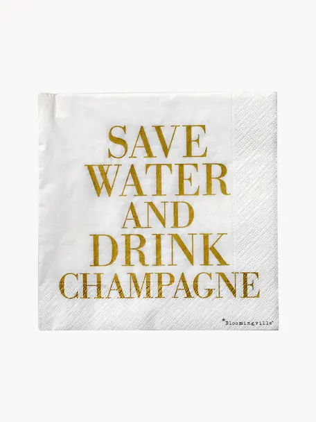 Papierservietten Save Water, 20 Stück, Papier, Weiss, Goldfarben, B 33 x L 33 cm