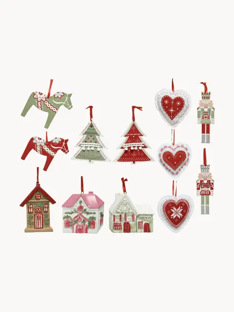 Décorations de sapin de Noël Mille, haut. 9 cm, 12 élém., Bois, enduit, Blanc, multicolore, Lot de différentes tailles