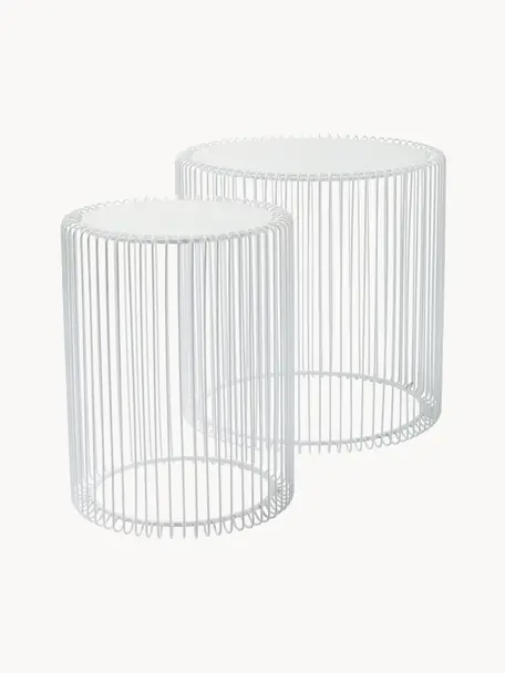 Komplet stolików pomocniczych z metalu ze szklanym blatem Wire, 2 elem., Stelaż: metal malowany proszkowo, Blat: szkło hartowane foliowane, Biały, Komplet z różnymi rozmiarami