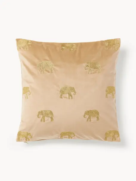 Housse de coussin 40x40 en velours brodé Elefco, 100 % velours de polyester, Beige, dorée, B 45 x L 45 cm