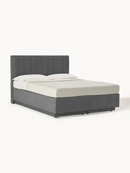 Boxspringbett Livia mit Stauraum, Matratze: 5-Zonen-Taschenfederkern, Füße: Kunststoff, Webstoff Dunkelgrau, B 180 x L 200 cm, Härtegrad H2