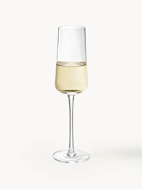 Ručně vyrobené sklenice na sekt s rýhovaným povrchem Cami, 4 ks, Foukané sklo, Transparentní, Ø 7 cm, V 25 cm, 230 ml