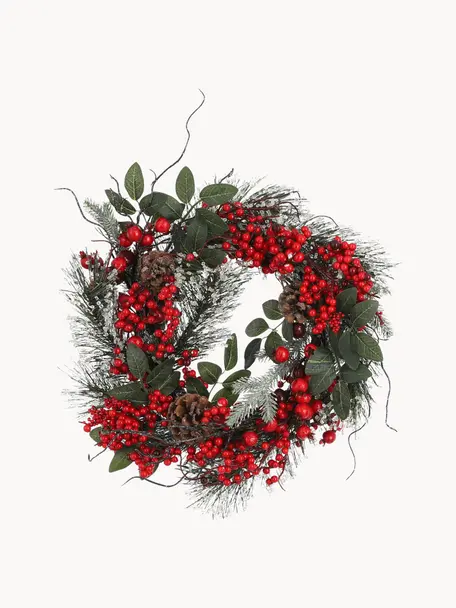 Umělý vánoční věnec Jerry, Ø 40 cm, Umělá hmota, Zelená, červená, Ø 40 cm