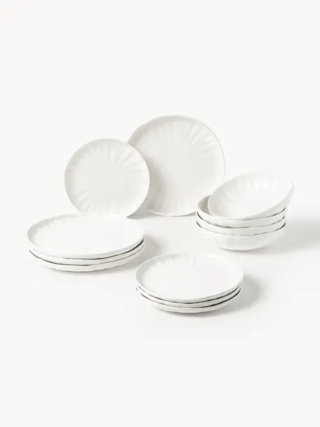 Vajilla con relieves Sali, 4 comensales (12 pzas.), Porcelana esmaltada, Blanco, 4 comensales (12 pzas.)