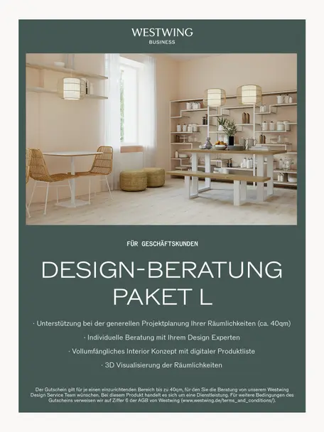 Design-Beratung für Geschäftskunden, Digitaler Gutschein.
Nach Erhalt Deiner Bestellung, wirst Du zeitnah von uns kontaktiert und vereinbarst dein telefonisches Beratungsgespräch mit deinem persönlichen Interior Designer., Paket L, Wohnbereich(e)