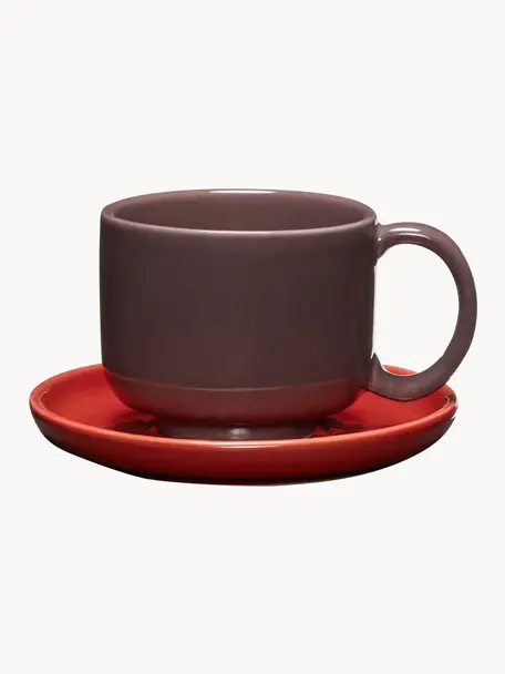Ručně vyrobené šálky s podšálky Amare, 2 ks, Kamenný prášek, Švestková, červená, Ø 9 cm, V 6 cm, 200 ml