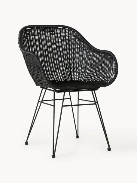 Sillas de ratán con reposabrazos Costa, 2 uds., Asiento: polietileno, Estructura: metal con pintura en polv, Negro, An 57 x F 58 cm