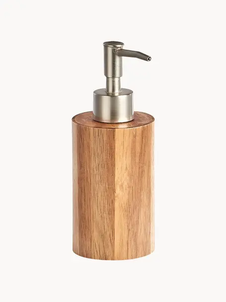 Seifenspender Wood aus Akazienholz, Behälter: Akazienholz, Pumpkopf: Kunststoff in Stahl-Optik, Helles Holz, Silberfarben, Ø 7 x H 17 cm
