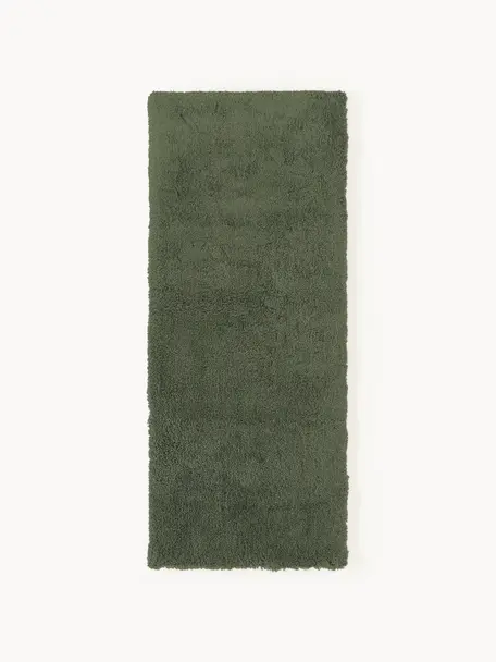 Pluizige hoogpolige loper Leighton, Bovenzijde: microvezels (100% polyest, Onderzijde: 70% polyester, 30% katoen, Donkergroen, B 80 x L 200 cm