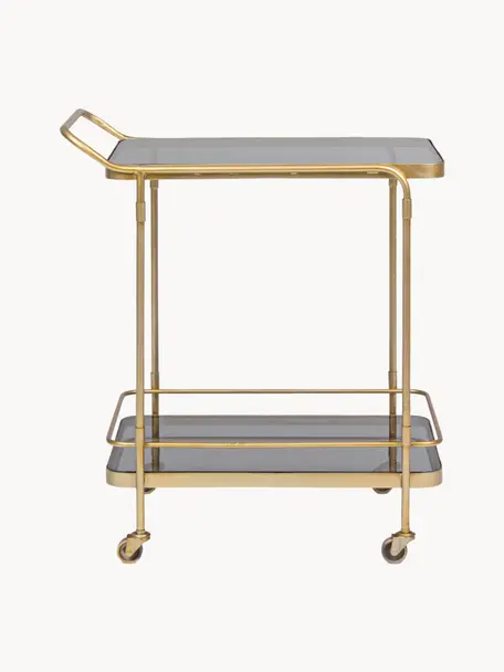 Bar cart Orabel met glazen tafelbladen, Plateaus: glas, Frame: gepoedercoat staal, Goudkleurig, donkergrijs, transparant, B 62 x H 72 cm