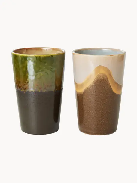 Tazas grandes artesanales de cerámica esmaltada 70s, 2 uds., Cerámica, Marrón, beige, verde oliva, Ø 9 x Al 14 cm, 475 ml