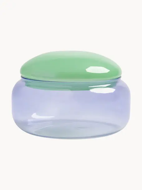 Handgemaakte opbergpot Puffy van borosilicaatglas, Borosilicaatglas, Lila, groen, Ø 18 x H 13 cm