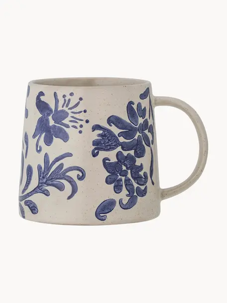 Tazze dipinte a mano con motivo floreale Petunia, Gres, Beige, tonalità blu, Ø 10 x Alt. 10 cm, 450 ml