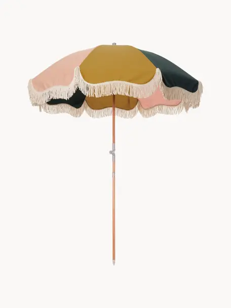 Parasol Retro met franjes, knikbaar, Frame: gelamineerd hout, Franjes: katoen, Mosterdgeel, roze, wit, zwart, Ø 180 x H 230 cm