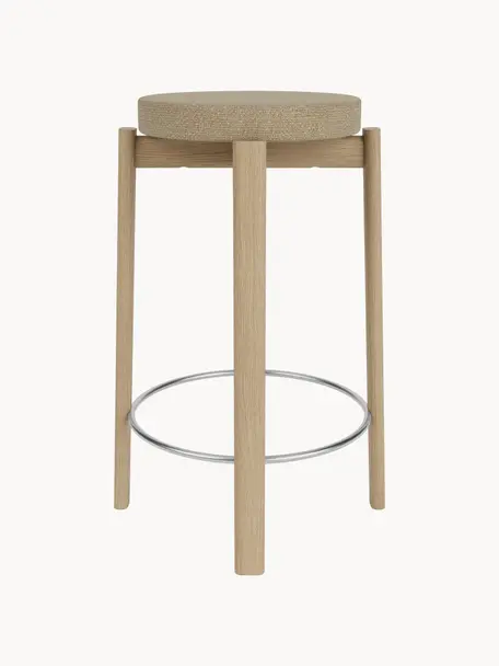 Tabouret en bouclette et chêne Passage, Bouclette beige, bois de chêne, argenté, Ø 46 x haut. 65 cm