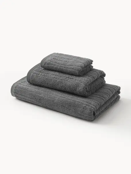 Set de toallas de algodón Audrina, 3 uds., Gris oscuro, Set de 3 (toalla tocador, toalla lavabo y toalla ducha)