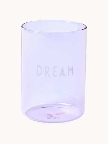Designová sklenice s nápisem Favourite DREAM, Borosilikátové sklo, Fialová (Dream), Ø 8 x V 11 cm, 350 ml
