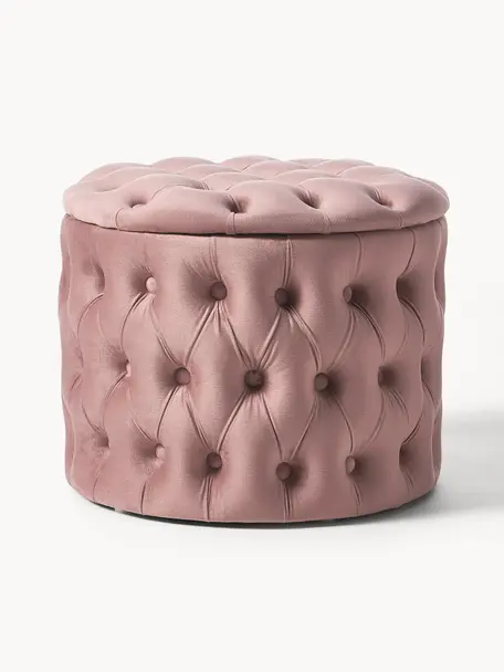 Pouf coffre en velours Chiara, Velours vieux rose, Ø 50 x haut. 42 cm