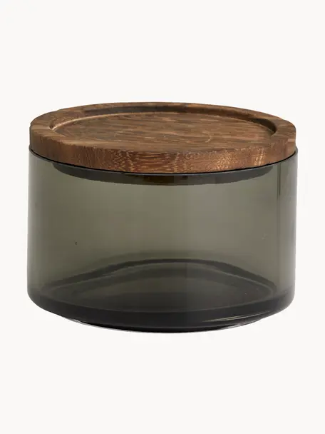 Handgemaakte opbergdoos Basil, Houder: glas, Deksel: paulowniahout met silicon, Donkergrijs, donker hout, Ø 22 x H 8 cm