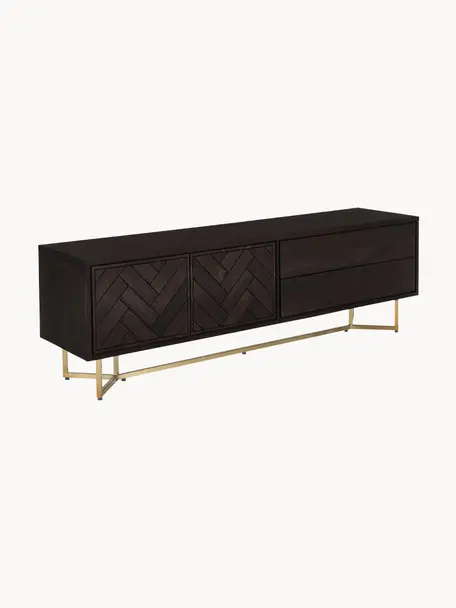Visgraat tv-meubel Luca met deuren van massief hout, Frame: gecoat metaal, Mangohout, goudkleurig, B 180 x H 54 cm