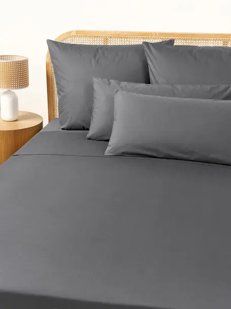 Drap plat en percale de coton Elsie, Anthracite, larg. 240 x long. 280 cm