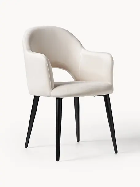 Krzesło z podłokietnikami z aksamitu Rachel, Tapicerka: aksamit (wysokiej jakości, Nogi: metal malowany proszkowo, Jasnobeżowy aksamit, S 55 x G 65 cm