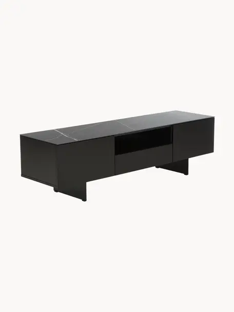 Tv-meubel Fiona met oppervlak in marmerlook, Poten: metaal, gepoedercoat, Zwart, B 160 x H 46 cm