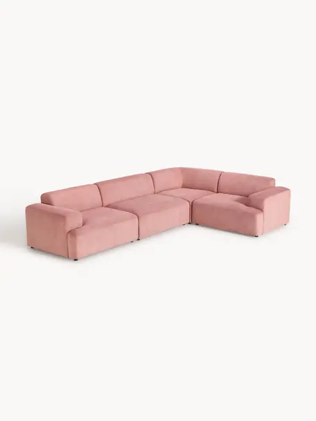 Großes Ecksofa Melva (4-Sitzer) aus Cord, Bezug: Cord (92 % Polyester, 8 %, Gestell: Massives Kiefernholz, Spe, Füße: Kunststoff Dieses Produkt, Cord Altrosa, B 339 x T 220 cm, Eckteil rechts