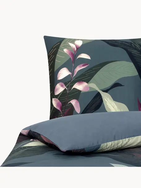 Housse de couette en satin de coton Flora, Gris foncé, motif botanique, larg. 140 x long. 200 cm