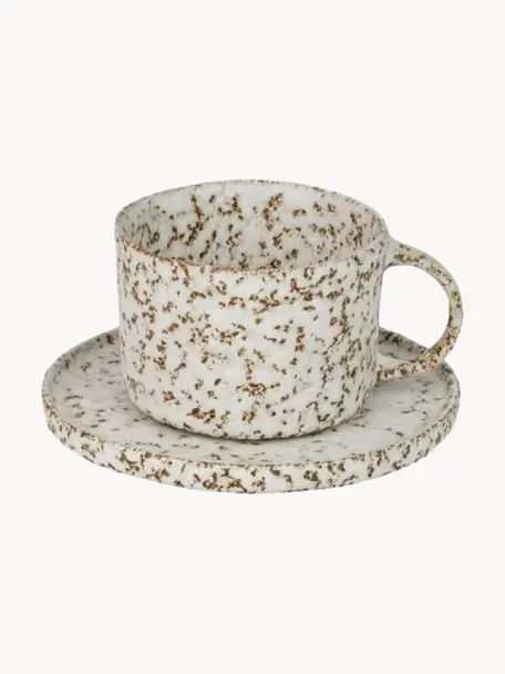 Tasses avec sous-tasses avec émail réactif Salt, 6 pièces, Grès cérame, émaillé, Blanc cassé, brun, Ø 9 x haut. 6 cm, 210 ml