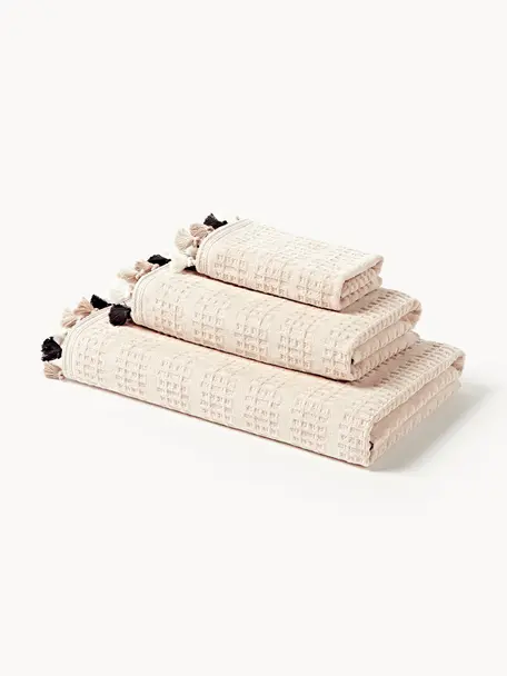 Set de toallas de terciopelo con flecos Tallulah, tamaños diferentes, Beige, tonos blancos y beige, Set de 4 (toallas lavabo y toallas de ducha)