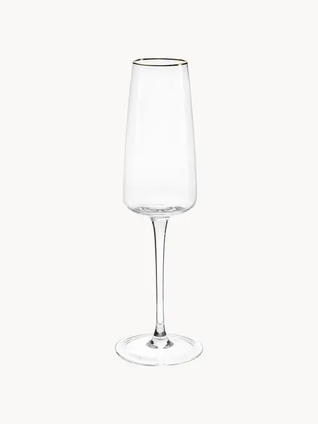 Kieliszek do szampana ze szkła dmuchanego Ellery, 4 szt., Szkło, Transparentny ze złotą krawędzią, Ø 7 x W 23 cm