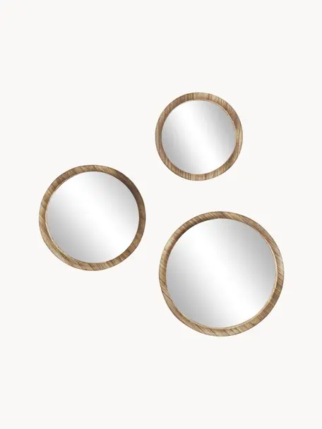 Súprava okrúhlych nástenných zrkadiel s dreveným rámom Jones, 3 diely, Svetlé drevo, Súprava s rôznymi veľkosťami