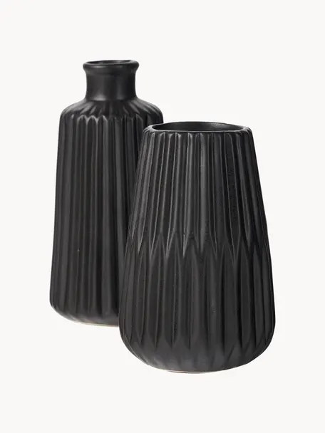 Lot de vases à surface striée Esko, 2 élém., Porcelaine, Noir, Lot de différentes tailles