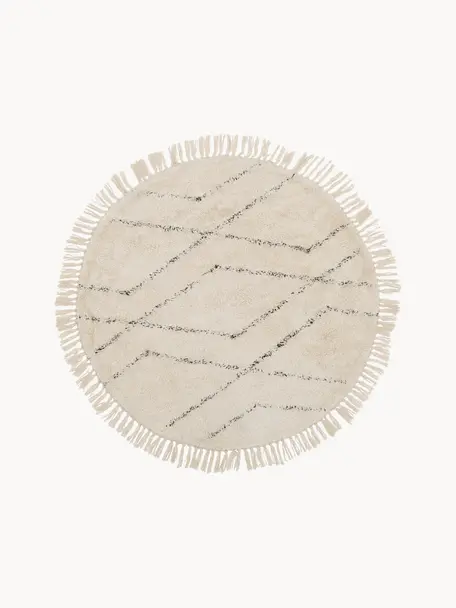 Ručně všívaný kulatý bavlněný koberec se vzorem Bina, Béžová, černá, Ø 200 cm