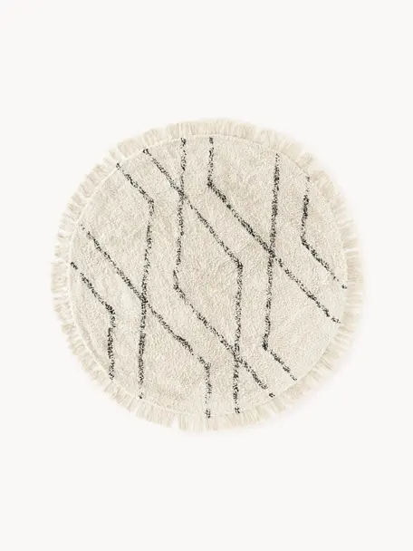 Tapis rond en coton tufté main Bina, 100 % coton, Beige, noir, Ø 110 cm (taille S)