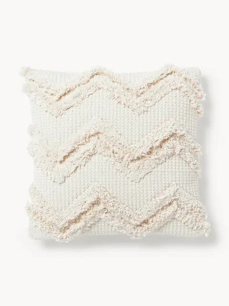 Copricuscino in lana grossa fatta a mano con frange Belen, Bianco latte, Larg. 130 x Lung. 170 cm