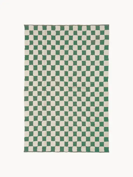 Handgewebter Teppich Penton mit Hoch-Tief-Effekt, 100 % Baumwolle, Cremeweiss, Grün, B 170 x L 240 cm (Grösse M)