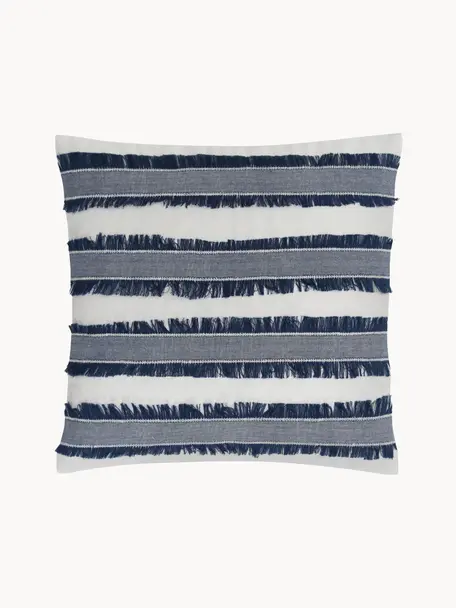 Poszewka na poduszkę z bawełny z frędzlami Raja, 100% bawełna, Kremowobiały, niebieski, S 45 x D 45 cm
