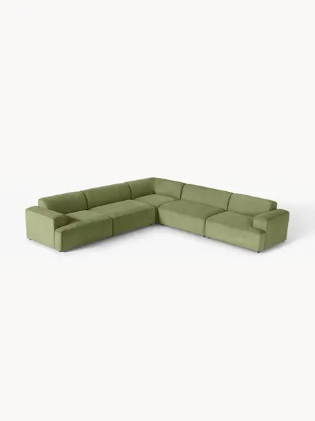 Divano angolare XL in velluto a coste Melva, Rivestimento: velluto a coste (92% poli, Struttura: legno massiccio di pino e, Piedini: plastica Questo prodotto , Velluto a coste verde oliva, Larg. 339 x Prof. 339 cm