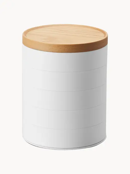 Joyero con tapadera de madera Tosca, 5 niveles, Interior: fieltro, Blanco, madera clara, Ø 10 x Al 13 cm