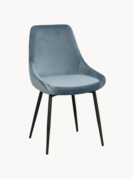 Fluwelen stoelen Sierra, 2 stuks, Bekleding: polyester fluweel, Poten: gelakt metaal, Fluweel grijsblauw, zwart, B 49 x D 55 cm