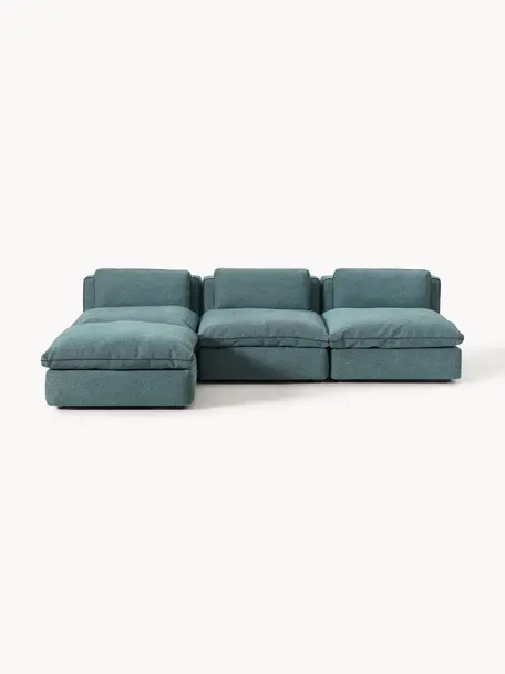 Modulares XL-Ecksofa Felix mit Hocker, Bezug: 100 % Polyester Der strap, Gestell: Massives Kiefern- und Fic, Webstoff Türkisgrün, B 300 x T 250 cm