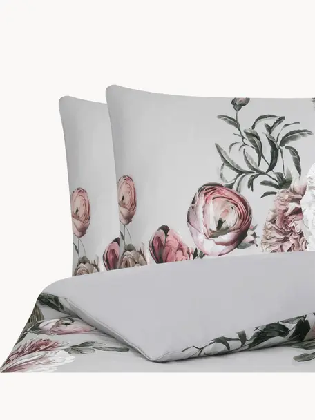 Funda nórdica de satén Blossom, Gris claro, multicolor, Cama 90 cm (150 x 220 cm)